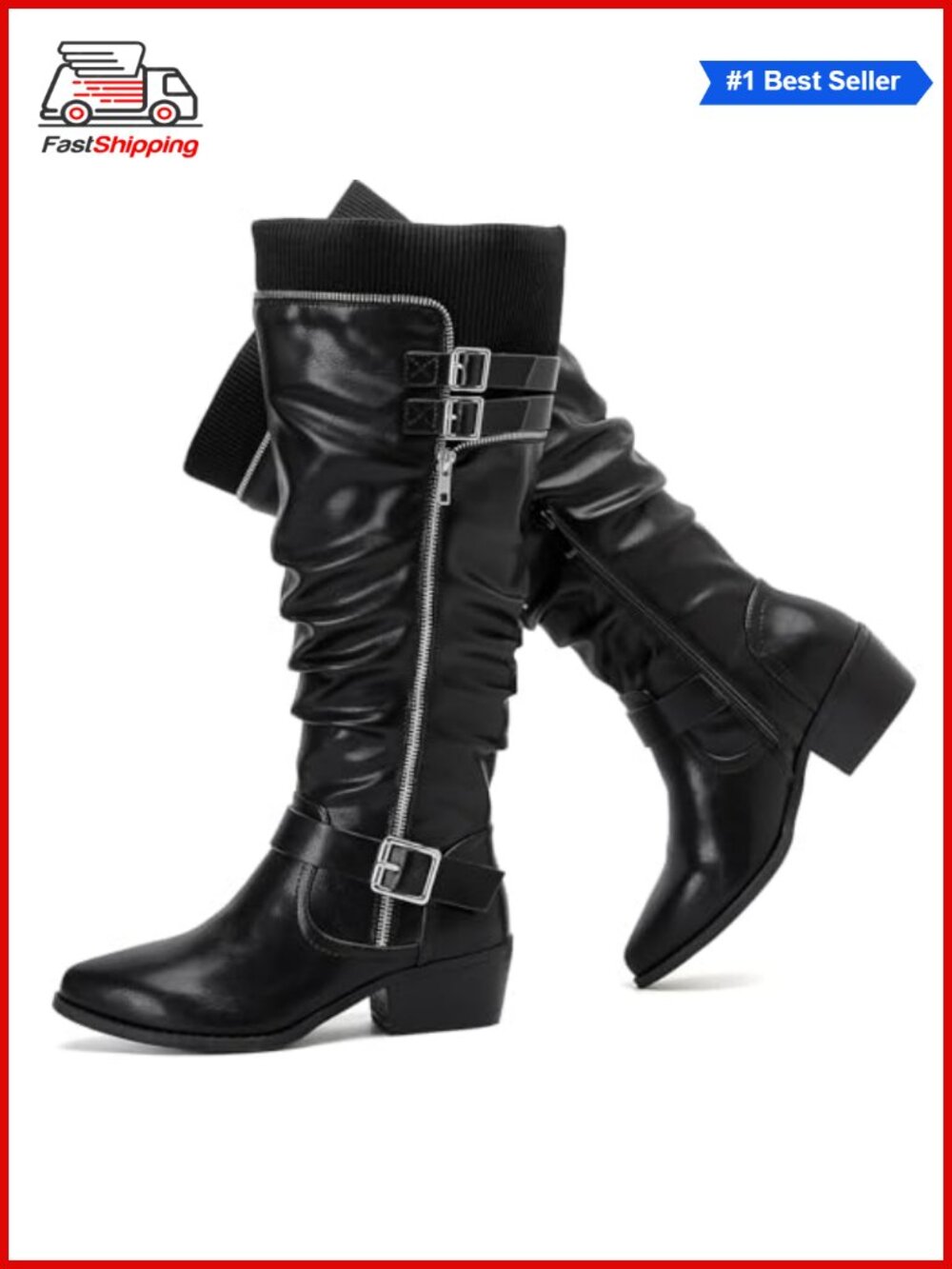 ✨ Luoika Women's Extra Wide Calf Knee High Boots Faux Leather Low Stacked Heel